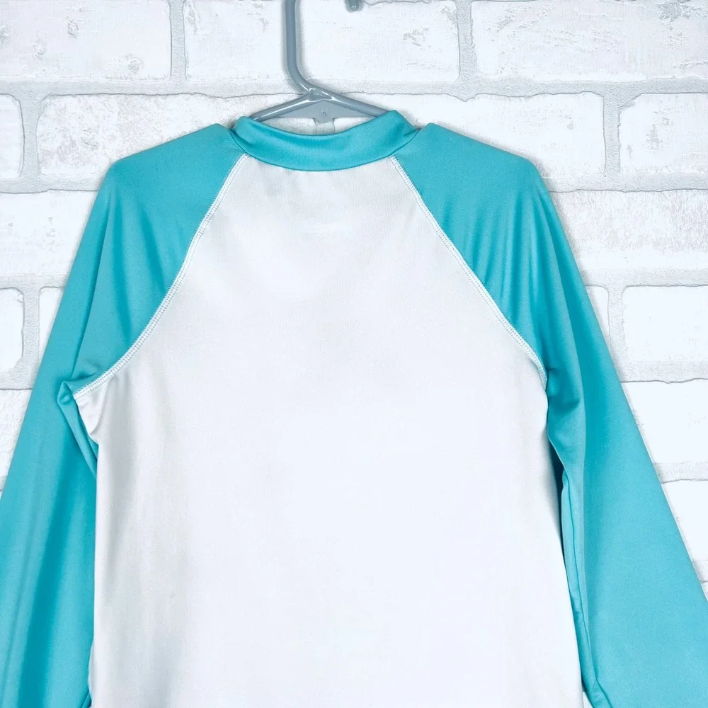 Kids Mermaid Tail Long Sleeve Rash Guard Swim Top Aqua White Holographic Waves M